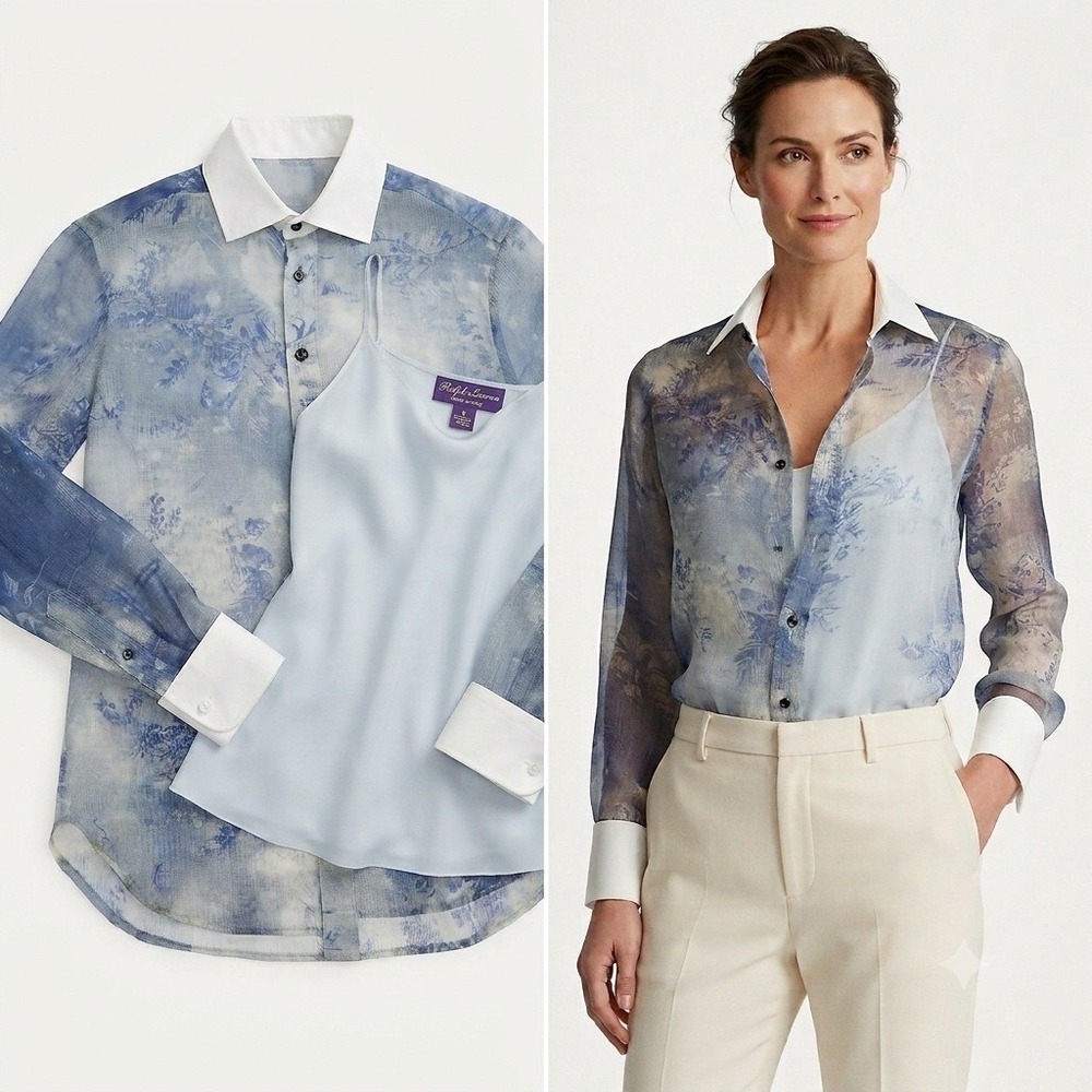 Ralph Lauren Collection Purple Label Silk Shirt Blue Floral Camisole 2pc Size 2